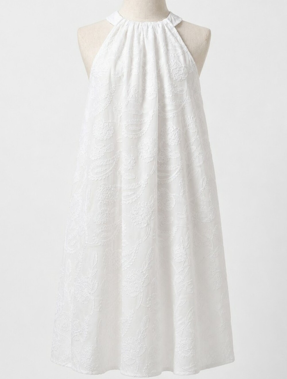 LOFT White Halter Shift Dress • Embroidered Floral Cotton • MP Petite • A-line - Picture 2 of 15